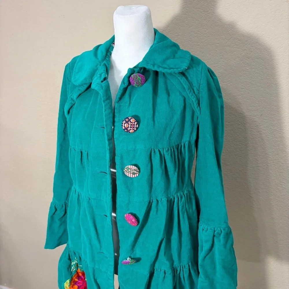 Whimsical vibrant green Judith March coat Measure Like Small Satin lined Boho - Picture 2 of 15
